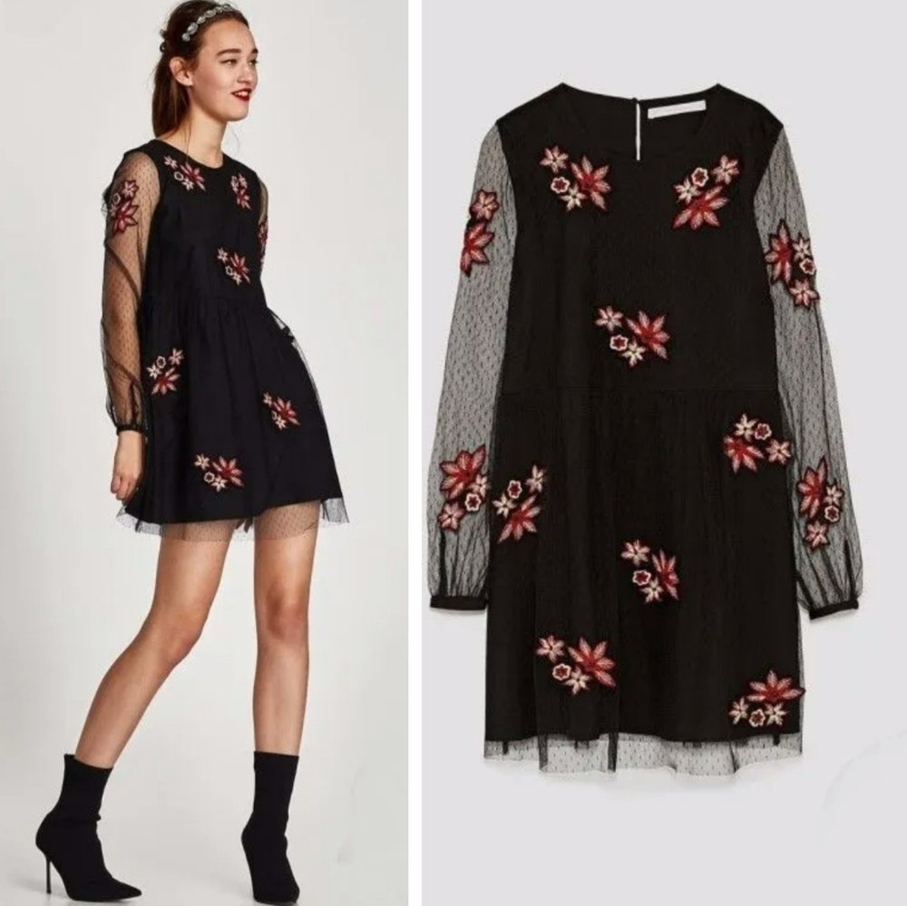 Zara Black Mesh Floral Embroidered Mini Dress